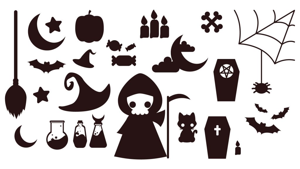 Dark silhouettes of a cute grim reaper, witches' broom, potions, pumpkin, two coffins, bats, a spiders' web, candies, and two witches' hats